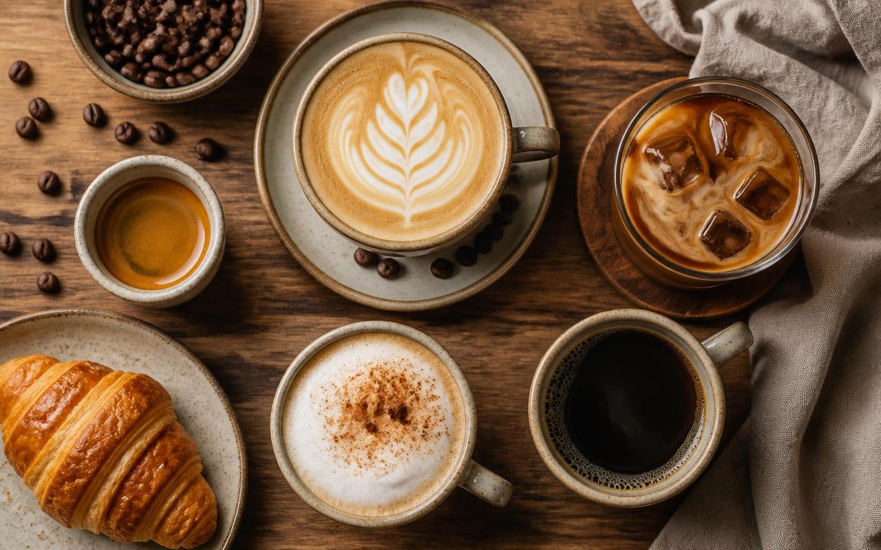 Assorted handcrafted coffee drinks on a wooden table